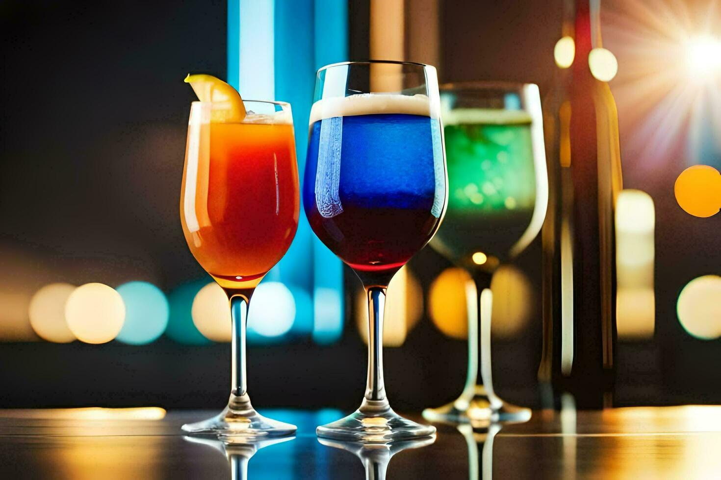three glasses of colored drinks on a bar. AI-Generated photo
