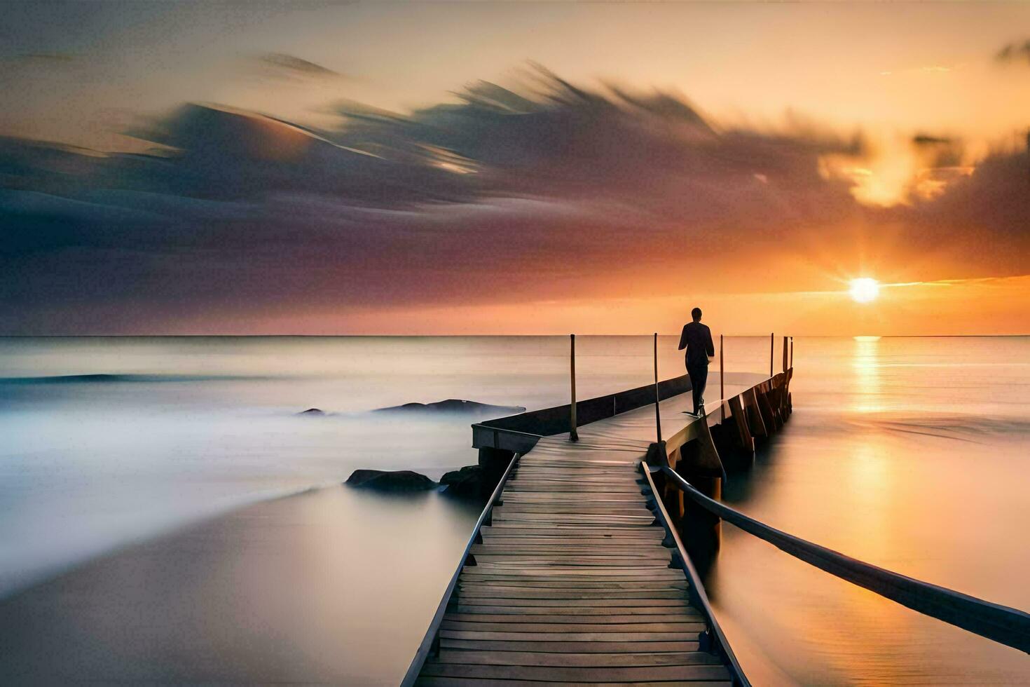 a man standing on a pier at sunset. AI-Generated photo