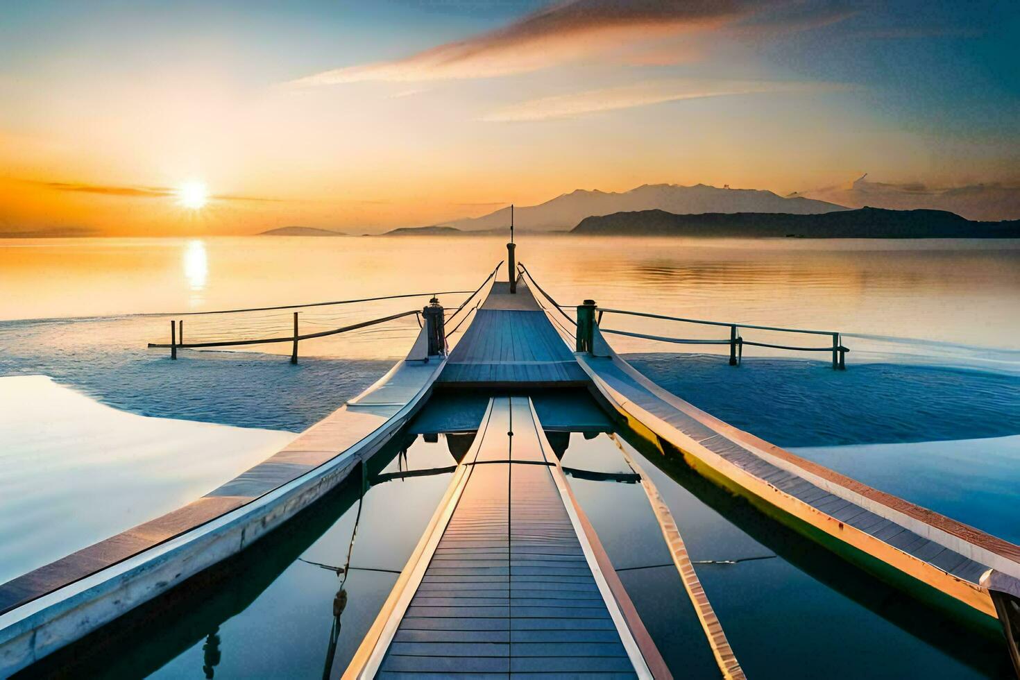 a pier in the middle of a lake at sunset. AI-Generated photo