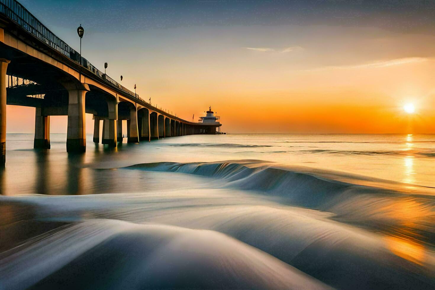 a long exposure photograph of a pier at sunset. AI-Generated photo