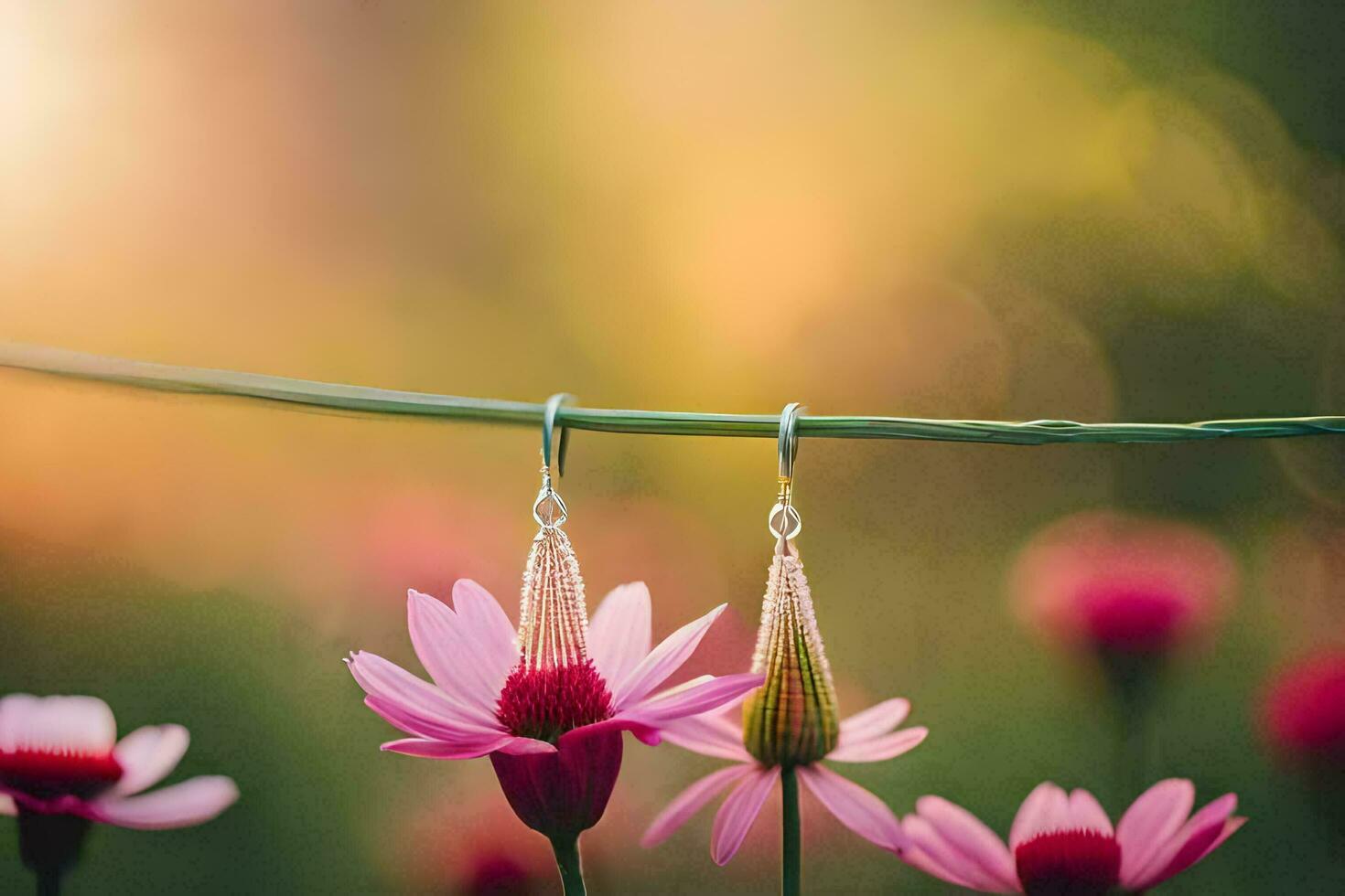 pink flowers hanging from a wire with a sun in the background. AI-Generated photo