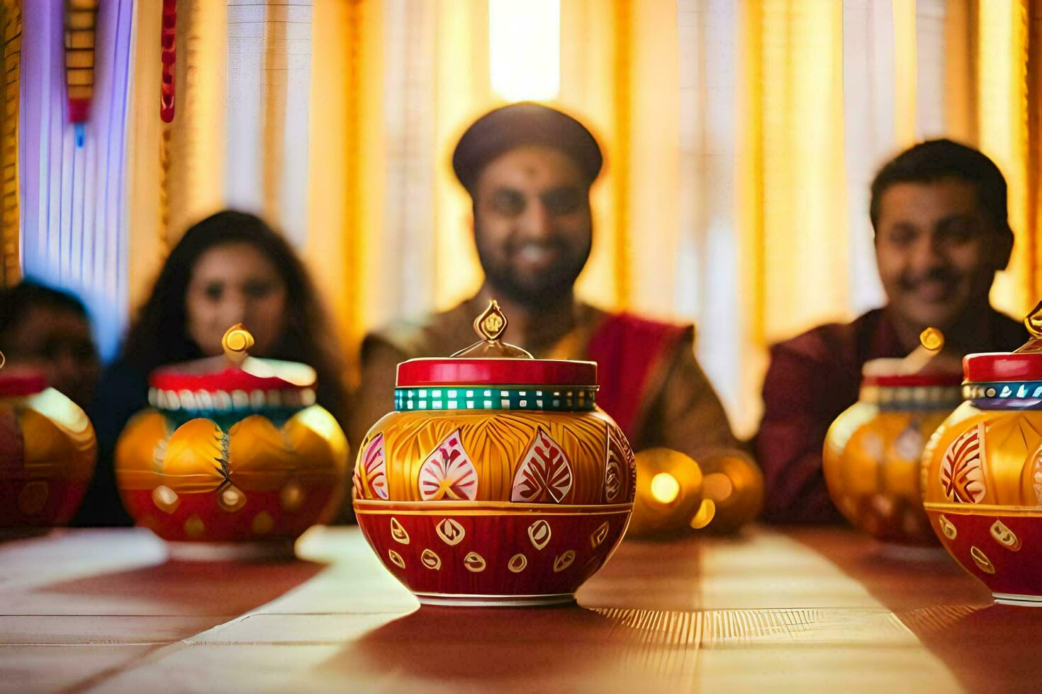 a group of people sitting around a table with colorful pots. AI-Generated photo
