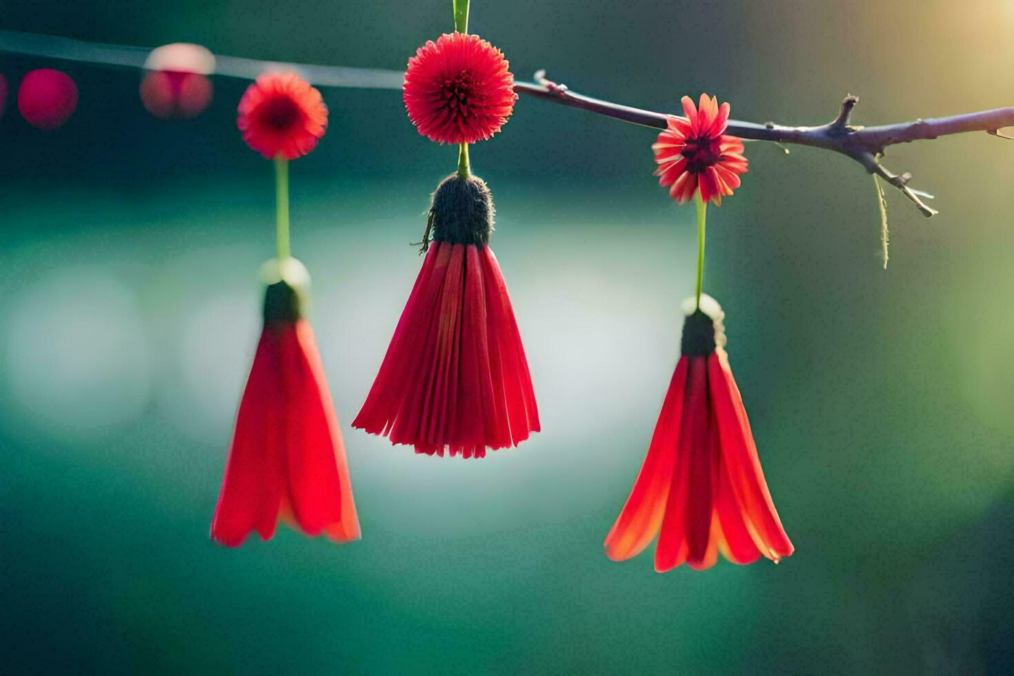 red flowers hanging from a branch. AI-Generated photo