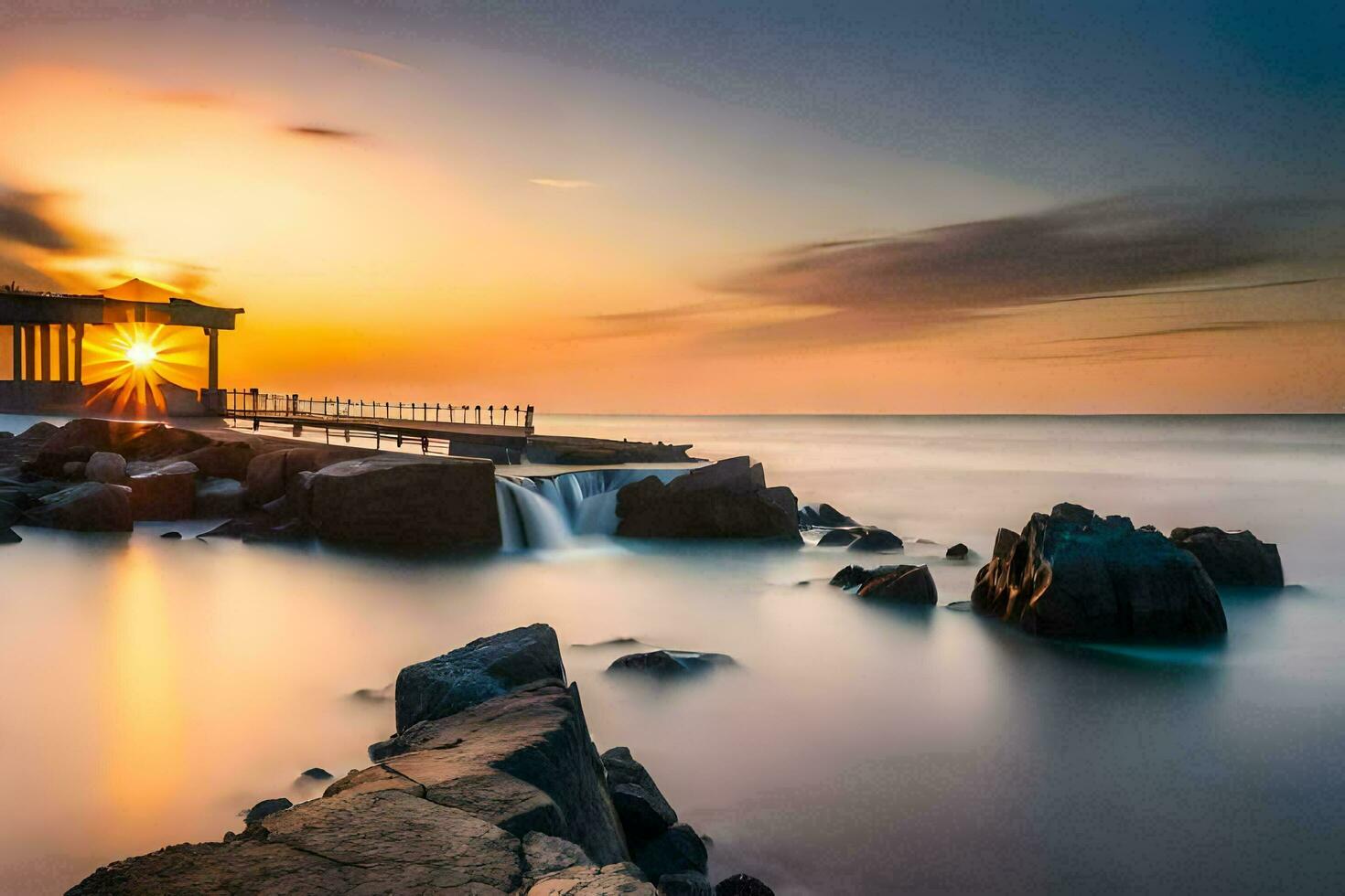 a pier with rocks and water at sunset. AI-Generated photo