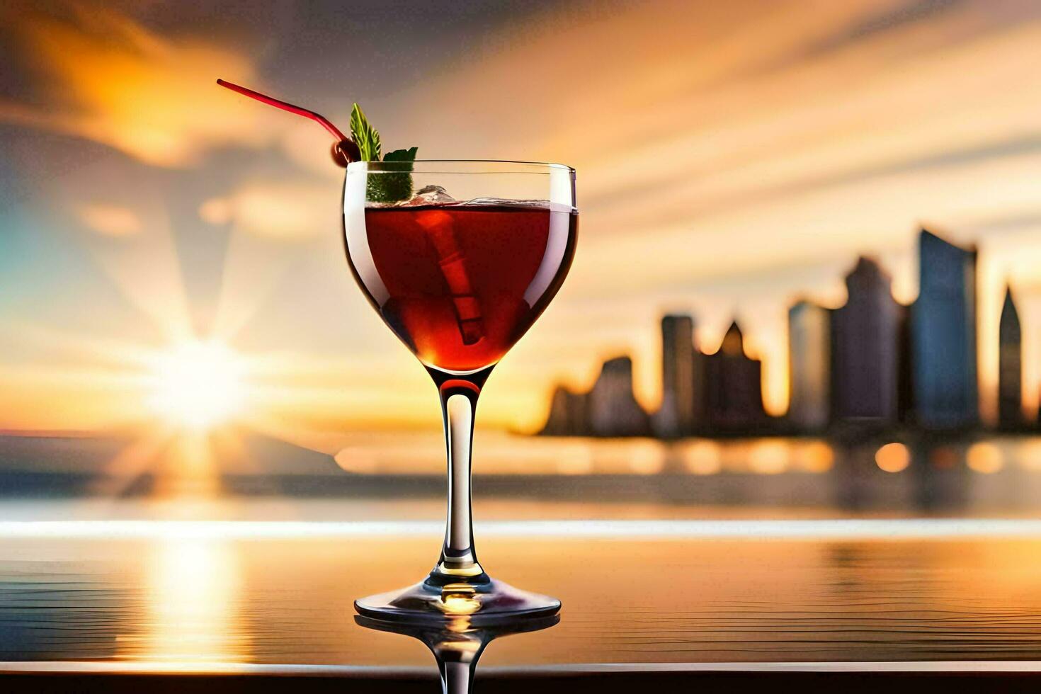 a glass of red wine with a sunset in the background. AI-Generated photo