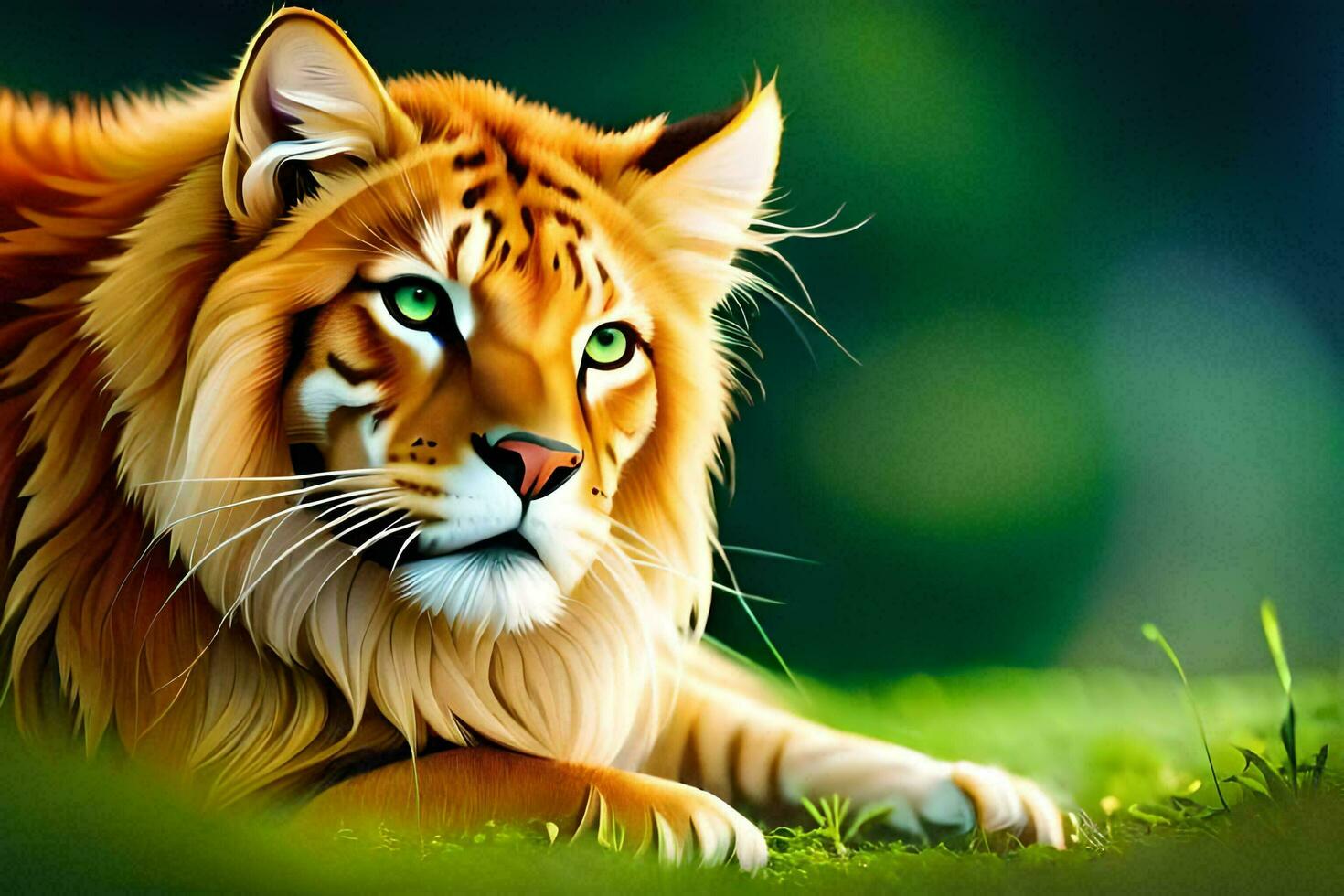 a tiger is laying in the grass with its eyes open. AI-Generated photo