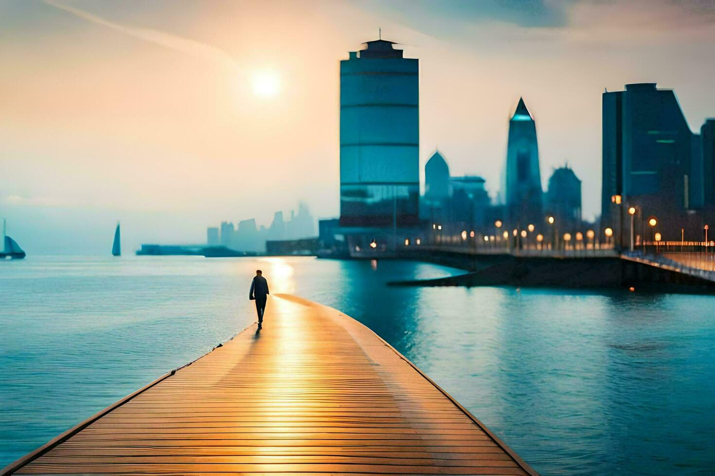 a man walking along a pier in front of a city skyline. AI-Generated photo
