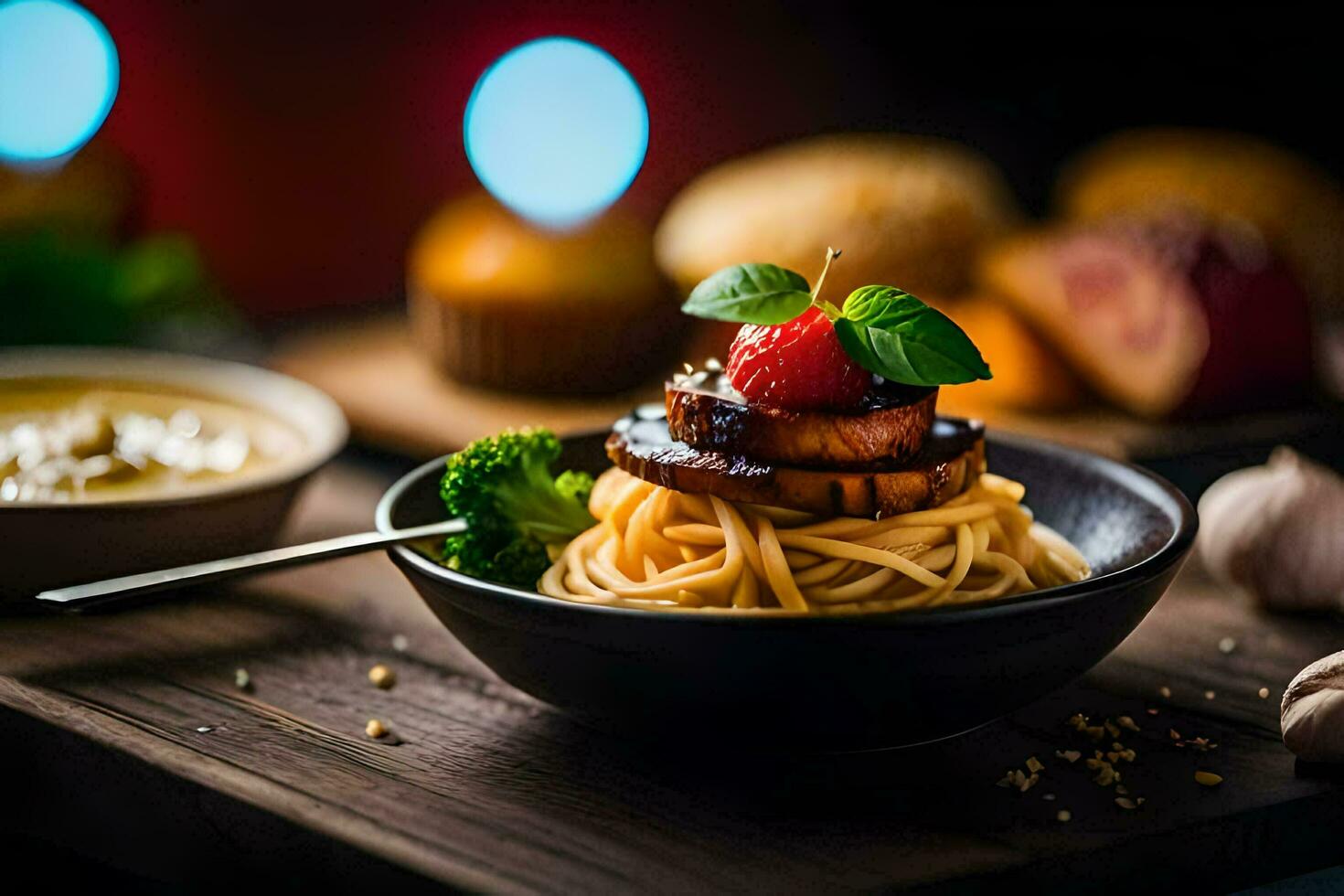 a plate of spaghetti with meat and vegetables. AI-Generated photo