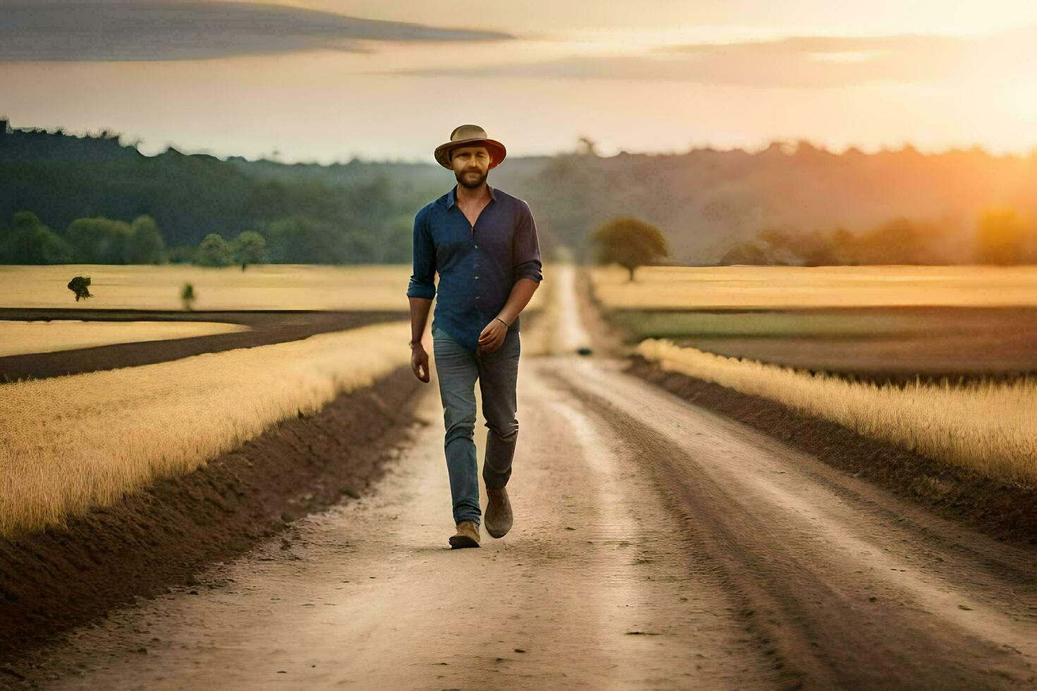 a man in a hat walks down a dirt road. AI-Generated photo
