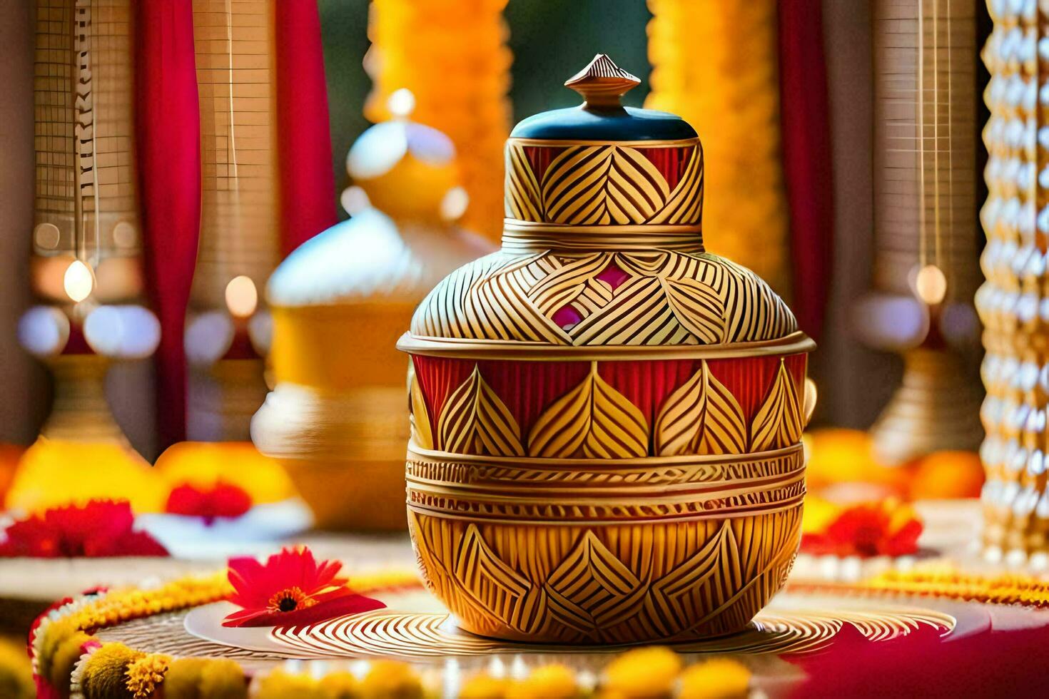 a vase with a golden lid and flowers on a table. AI-Generated photo