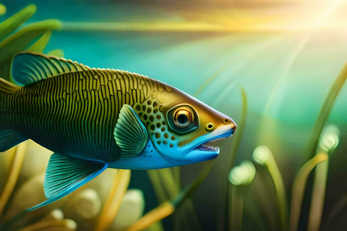 fish in the ocean with grass and plants. AI-Generated photo