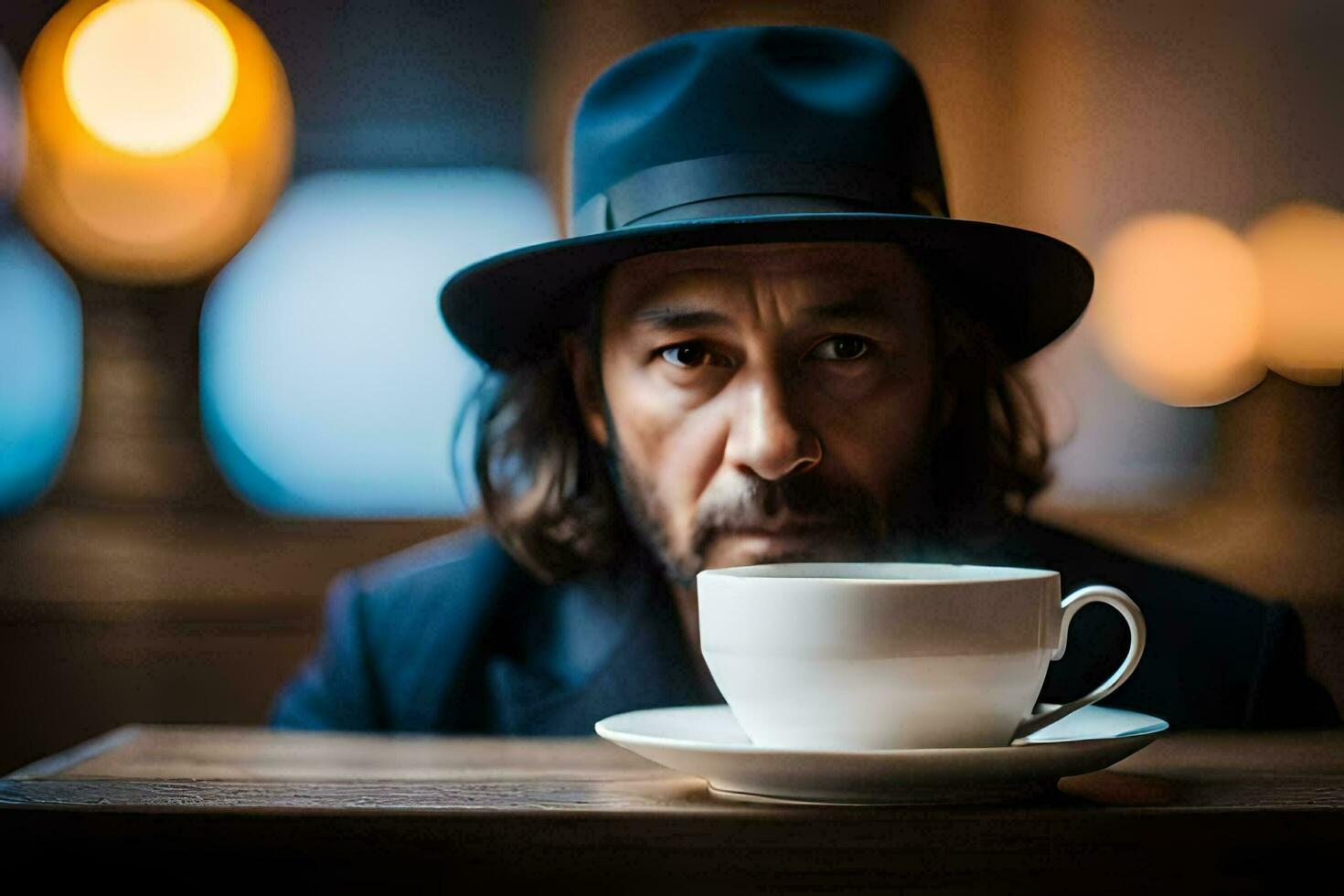 a man in a hat and coat sitting at a table with a cup of coffee. AI-Generated photo