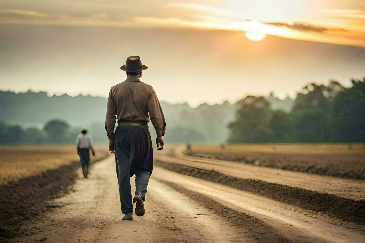 a man walking down a dirt road with a hat on. AI-Generated photo