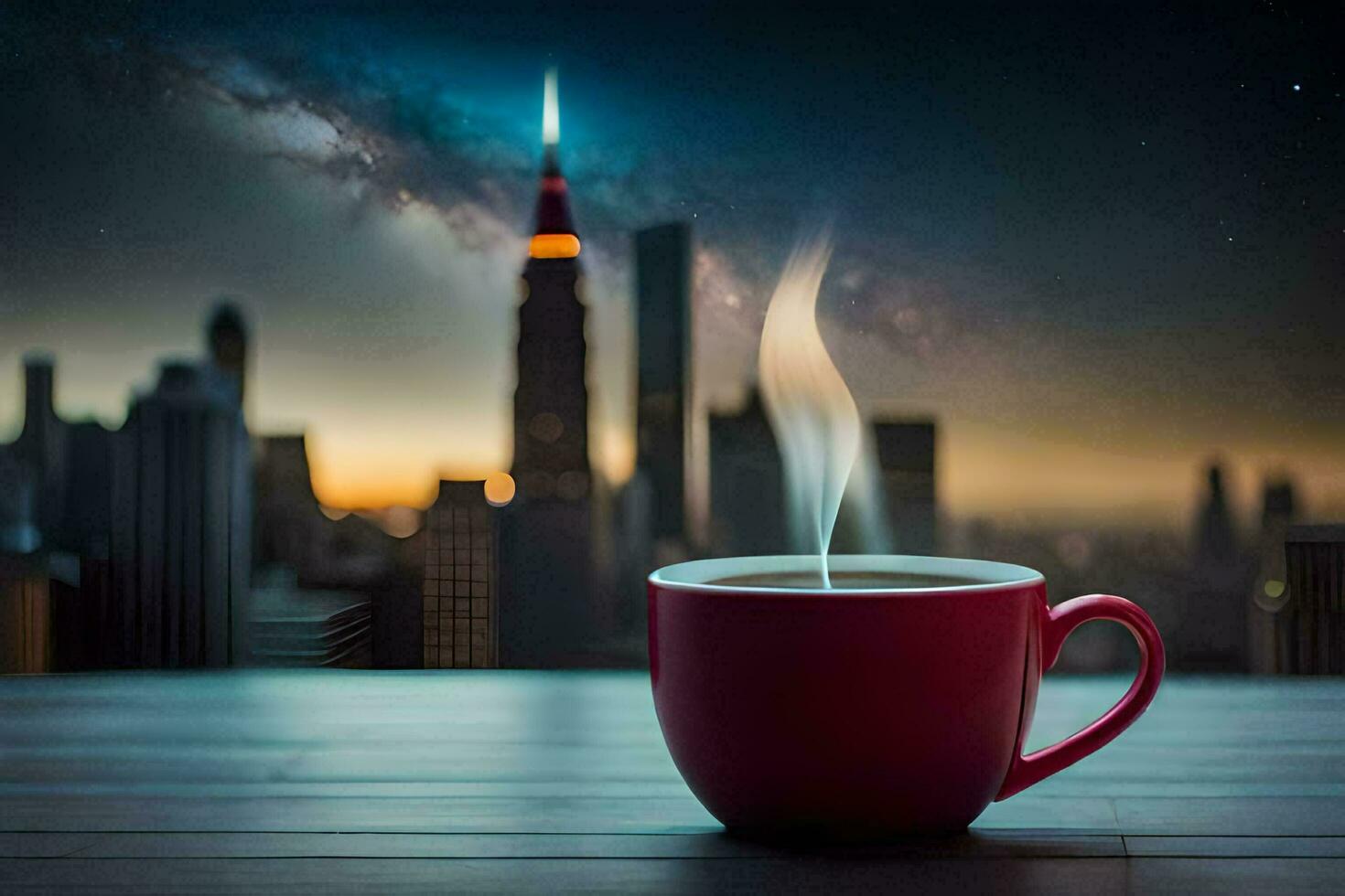 a cup of coffee with a cityscape in the background. AI-Generated photo
