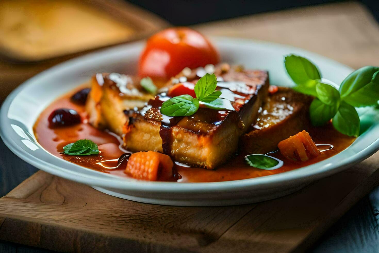 a plate of food with tofu and vegetables. AI-Generated photo
