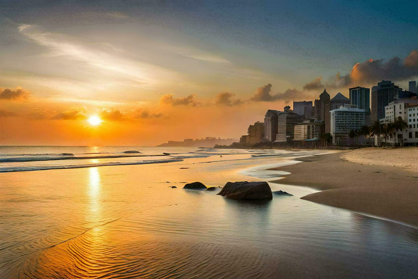 el Dom conjuntos terminado un playa y ciudad horizonte. generado por ai foto