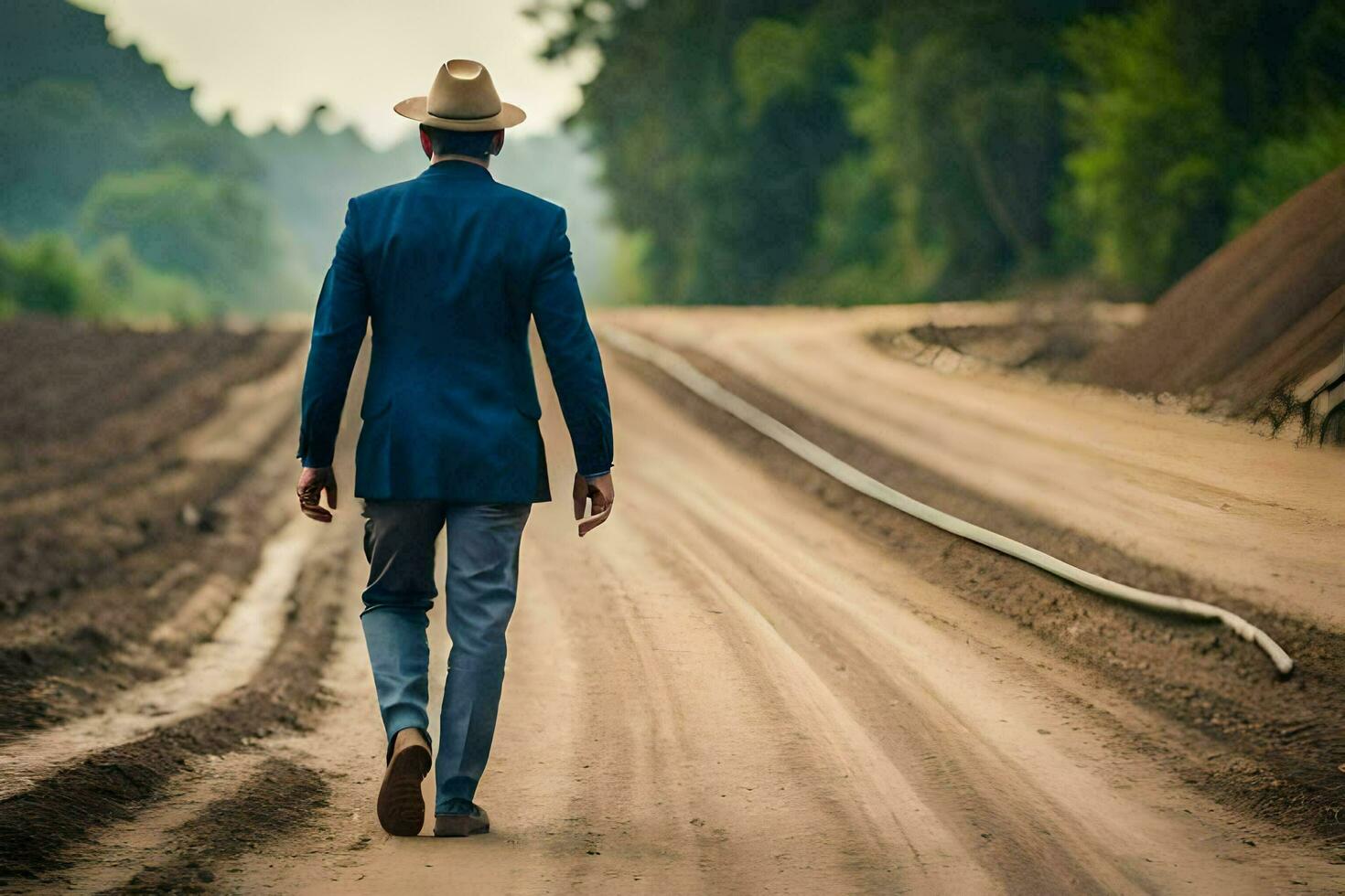 un hombre en un traje y sombrero caminando abajo un suciedad la carretera. generado por ai foto