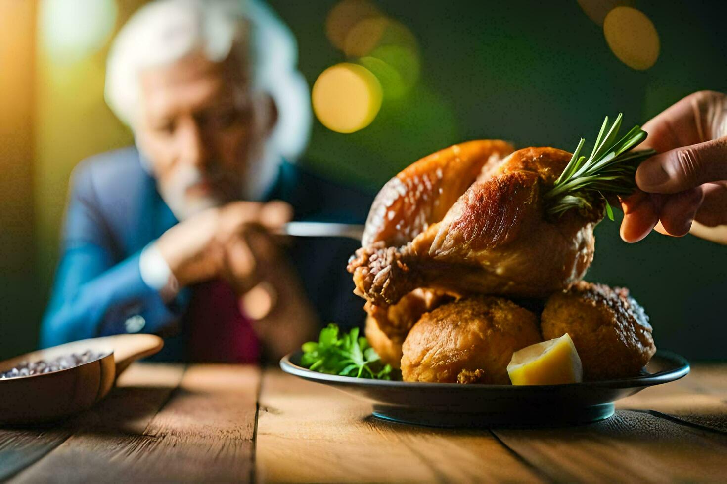 a man is eating a roasted turkey on a plate. AI-Generated photo