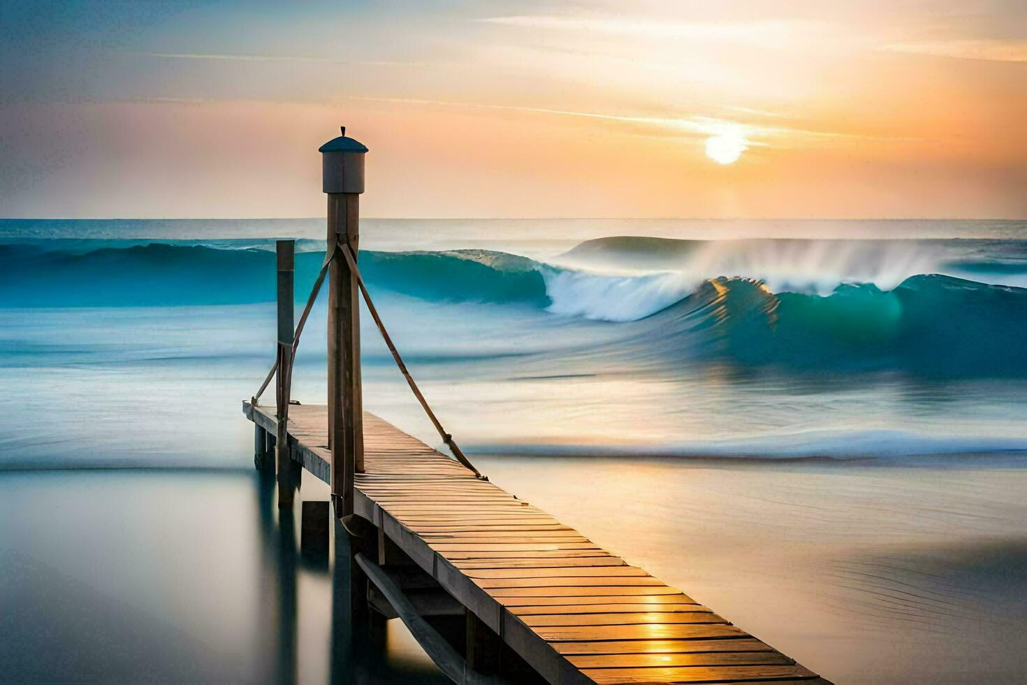 a wooden pier with waves crashing into it at sunset. AI-Generated photo