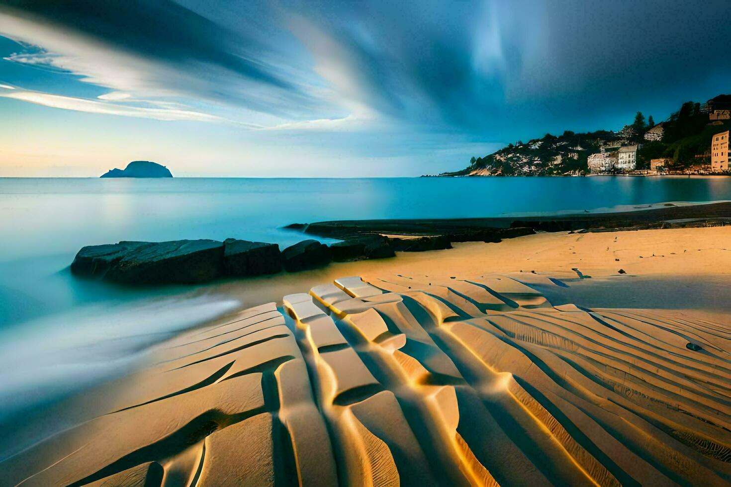 un playa con rocas y arena. generado por ai foto