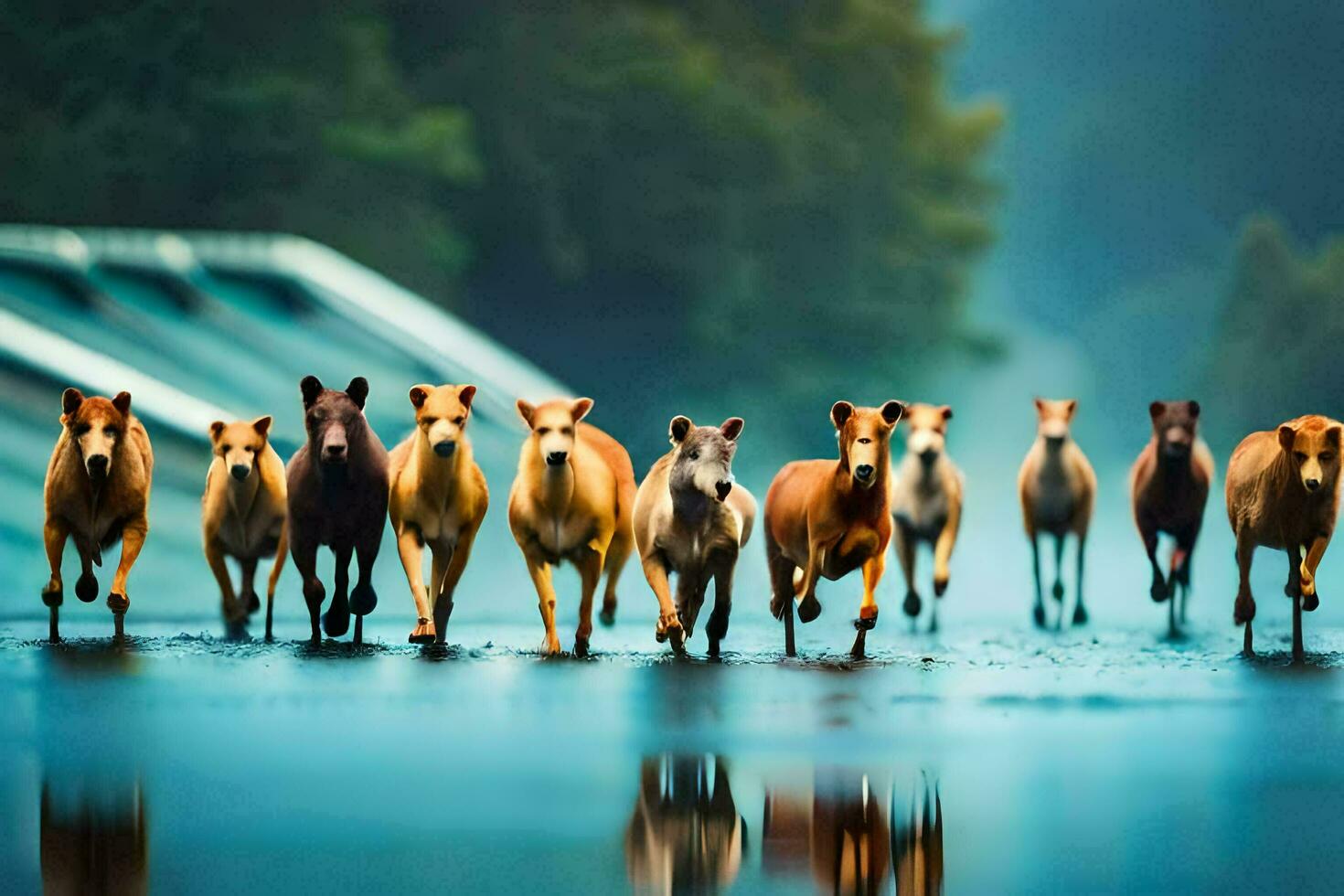 a herd of horses running through a wet field. AI-Generated photo