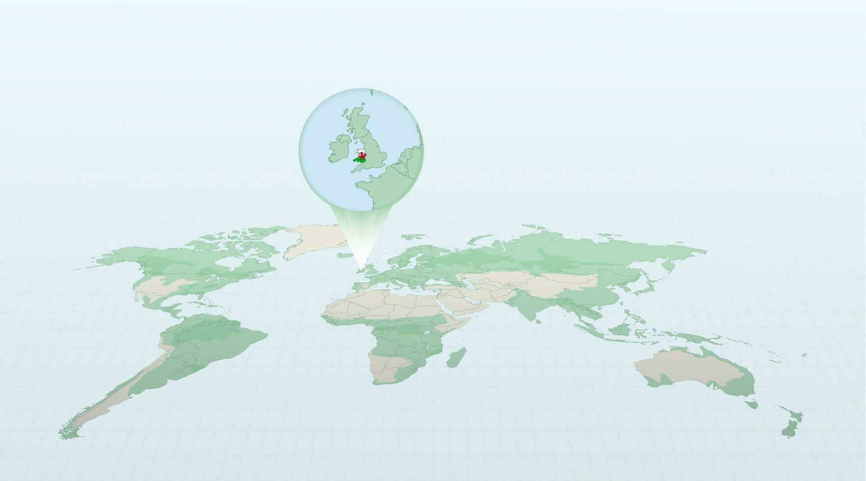 World map in perspective showing the location of the country Wales with detailed map with flag of Wales. vector