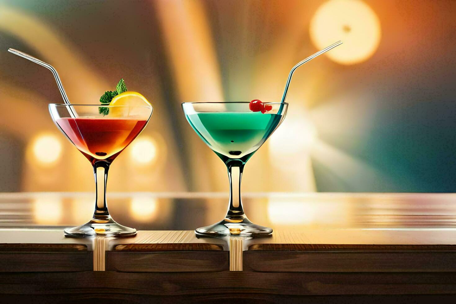 two glasses of cocktails on a wooden table. AI-Generated photo