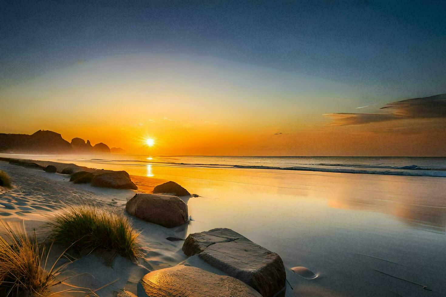 the sun rises over the ocean and rocks on the beach. AI-Generated photo