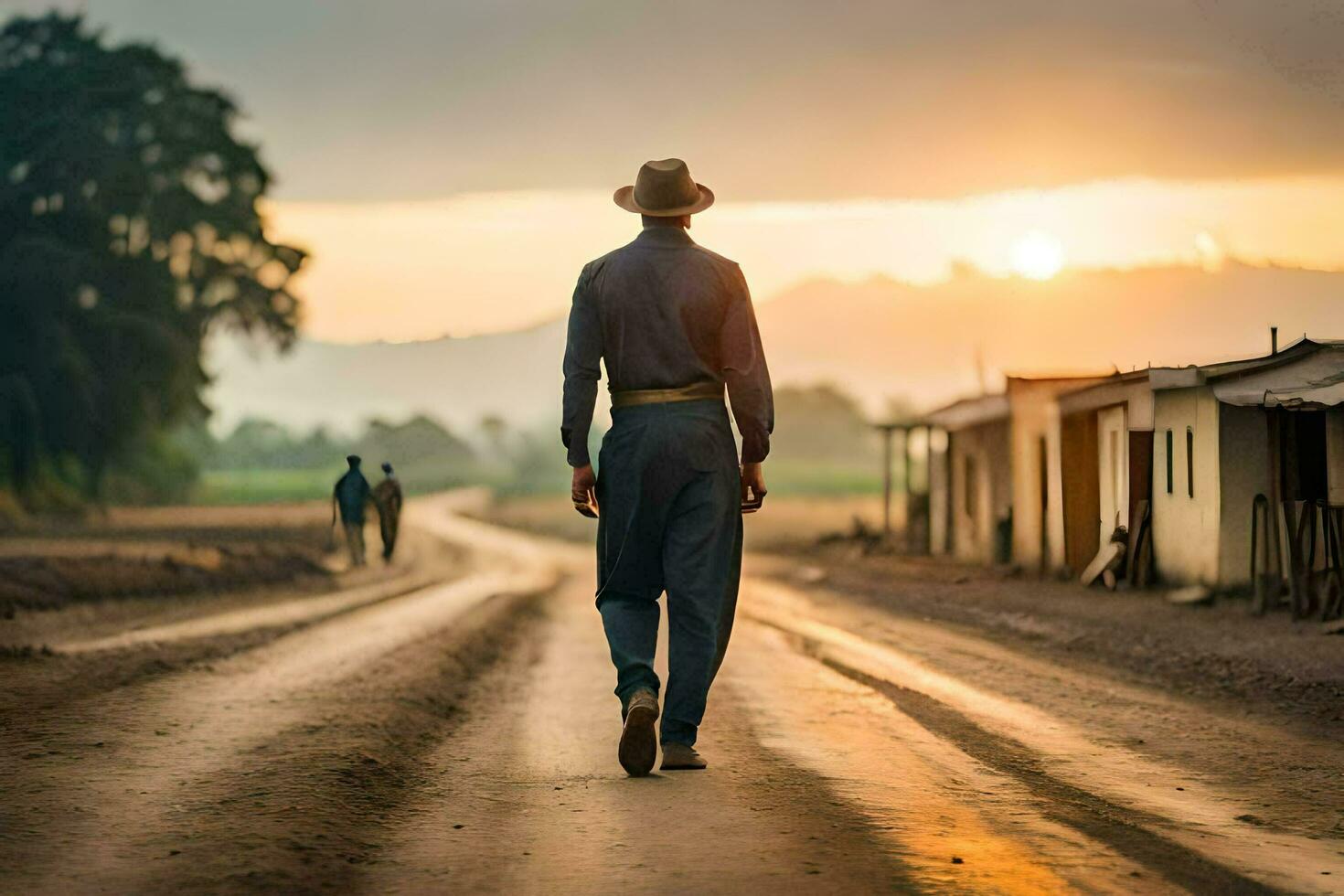 un hombre caminando abajo un suciedad la carretera a puesta de sol. generado por ai foto