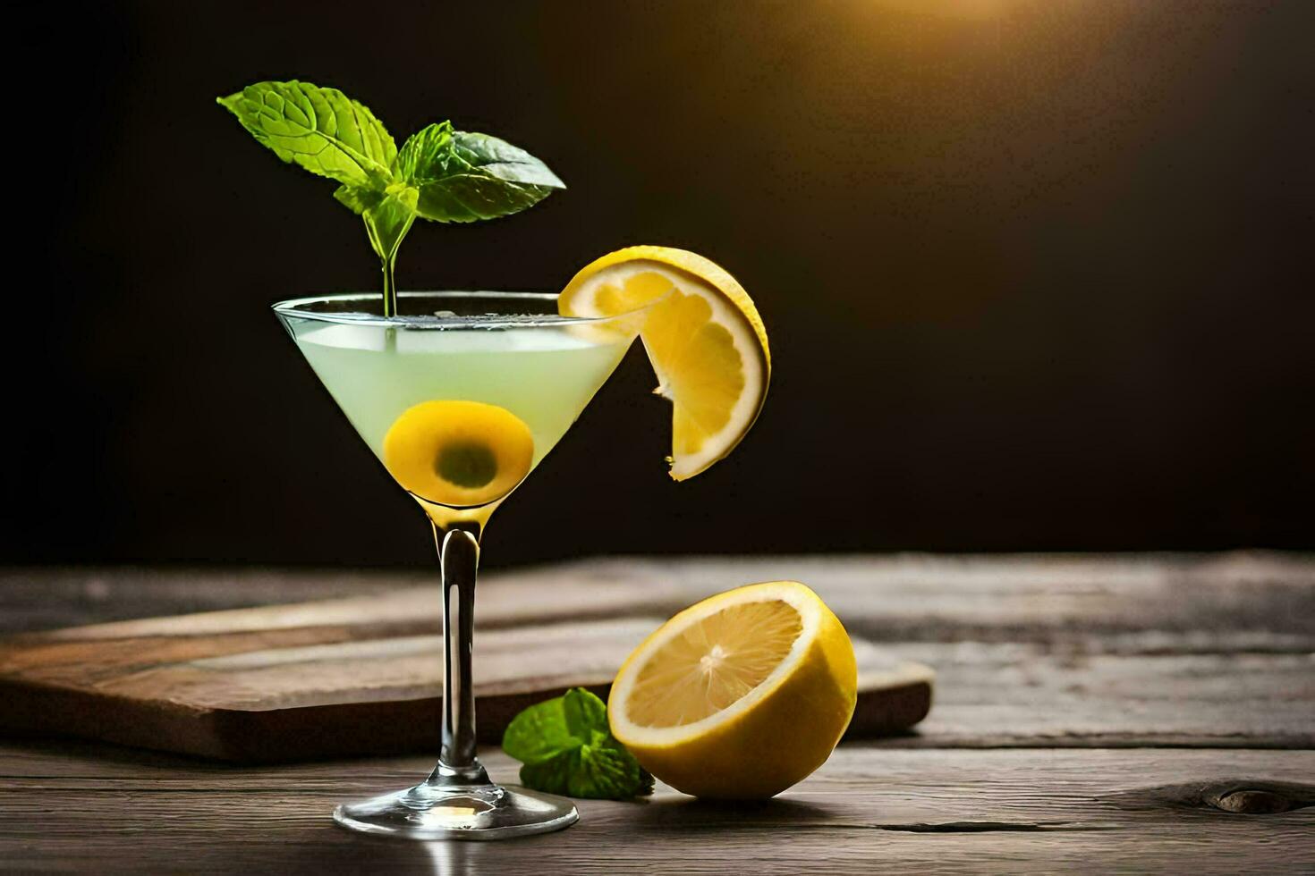 a cocktail with lemon and mint on a wooden table. AI-Generated photo