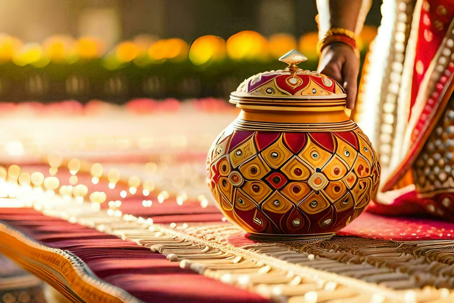 a woman in a traditional indian dress is holding a pot. AI-Generated photo