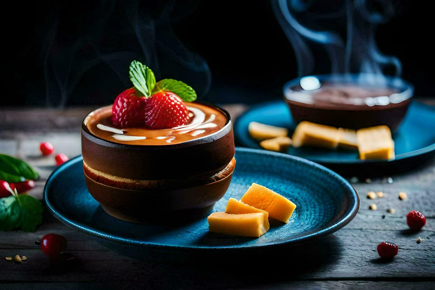 chocolate postre con fresas y queso en un oscuro de madera mesa. generado por ai foto