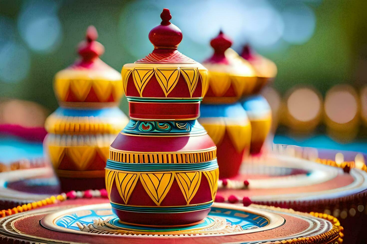 colorful vases on a table with a red and yellow design. AI-Generated photo