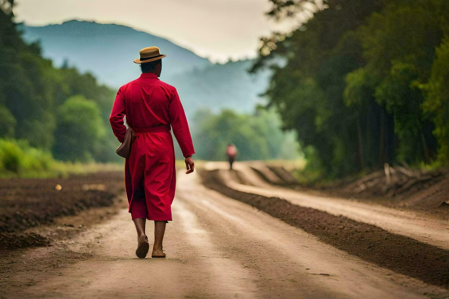 a man in a red robe walks down a dirt road. AI-Generated photo
