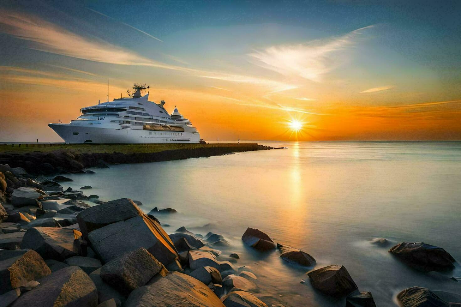 un crucero Embarcacion en el Oceano a puesta de sol. generado por ai foto