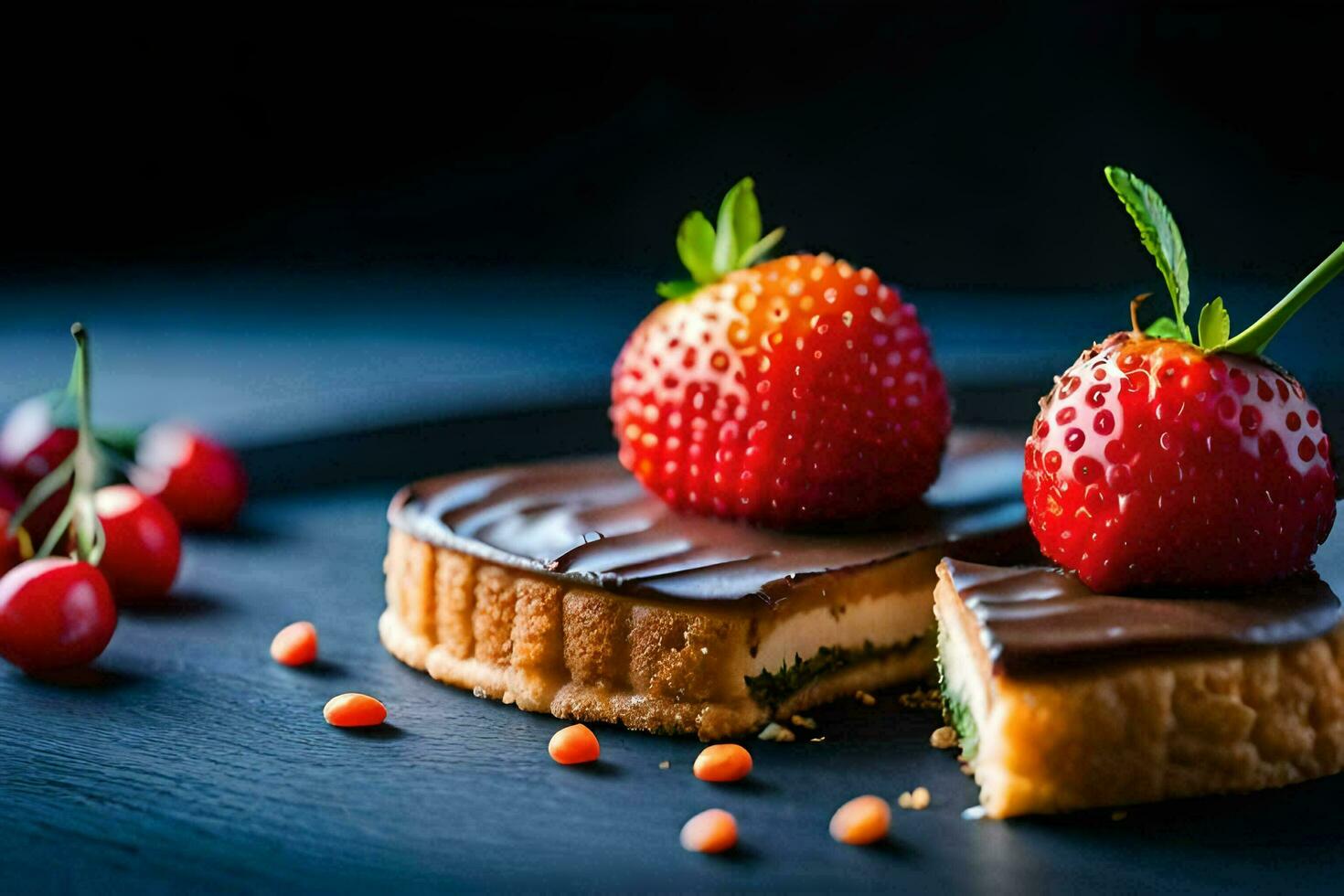 a piece of chocolate cake with strawberries and cherries. AI-Generated photo