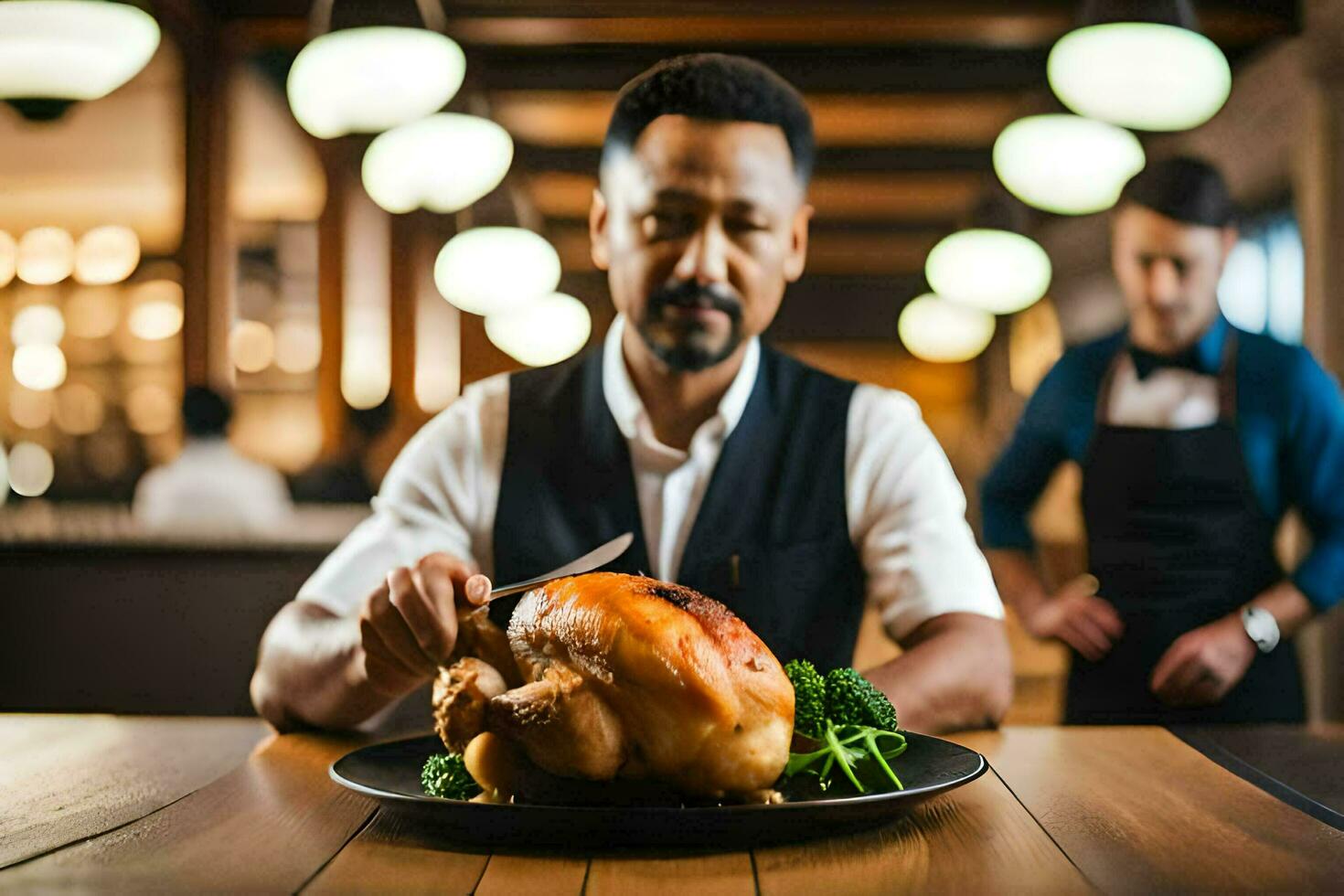 a man is cutting a turkey on a plate. AI-Generated photo