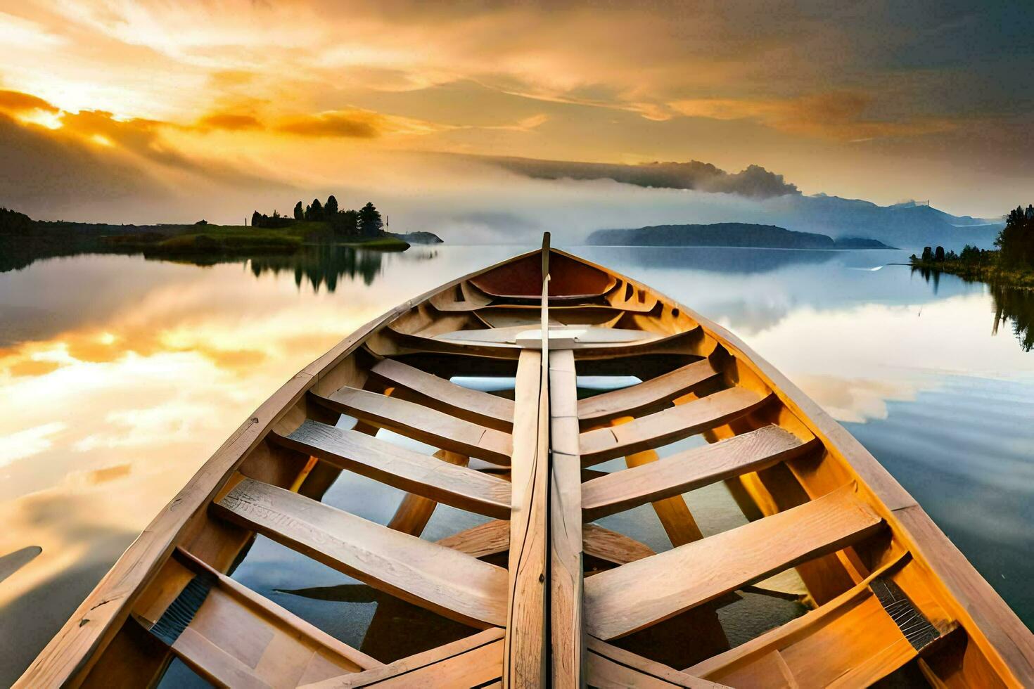 a boat is docked on a lake at sunset. AI-Generated photo