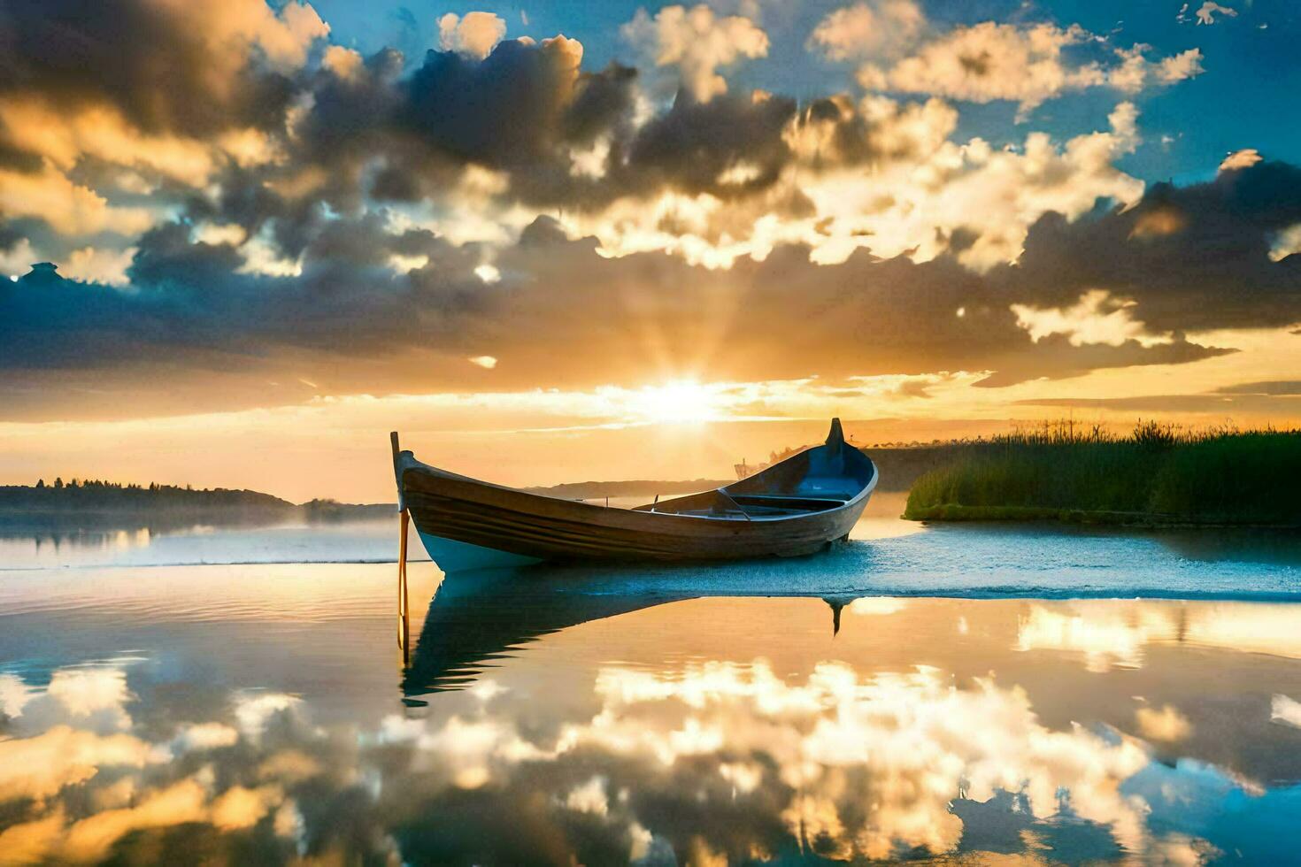 a boat is floating in the water at sunset. AI-Generated photo