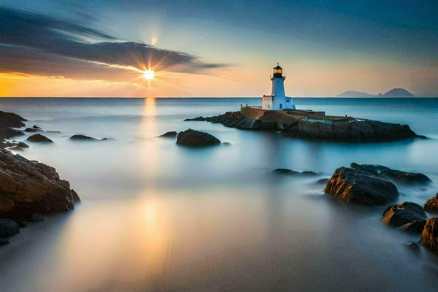a lighthouse sits on the rocks at sunset. AI-Generated photo