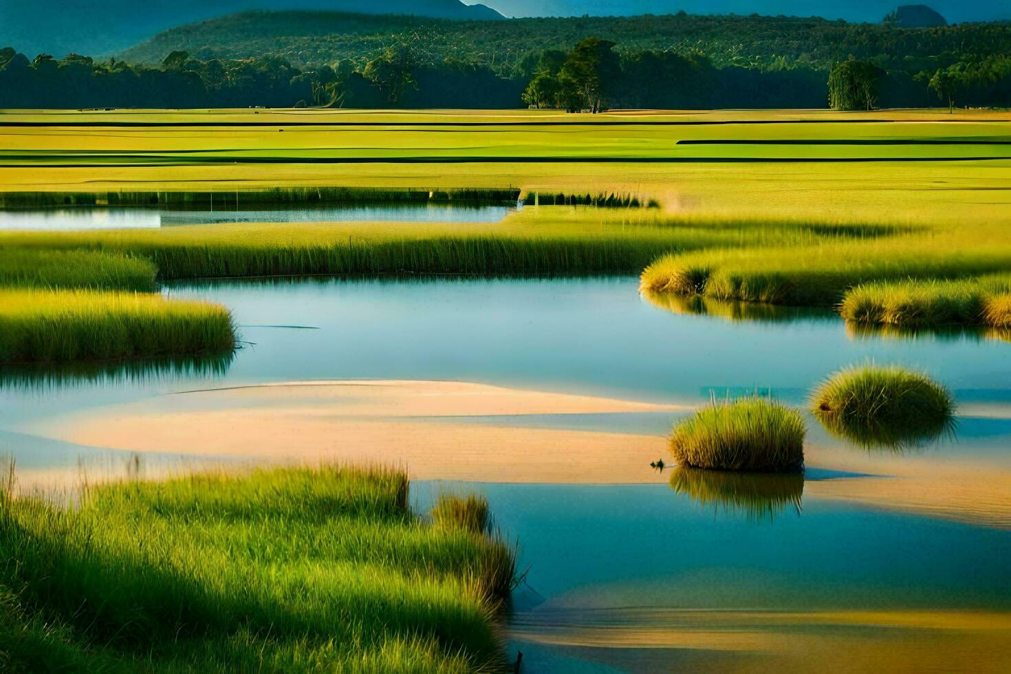 a marsh with grass and water in front of mountains. AI-Generated photo