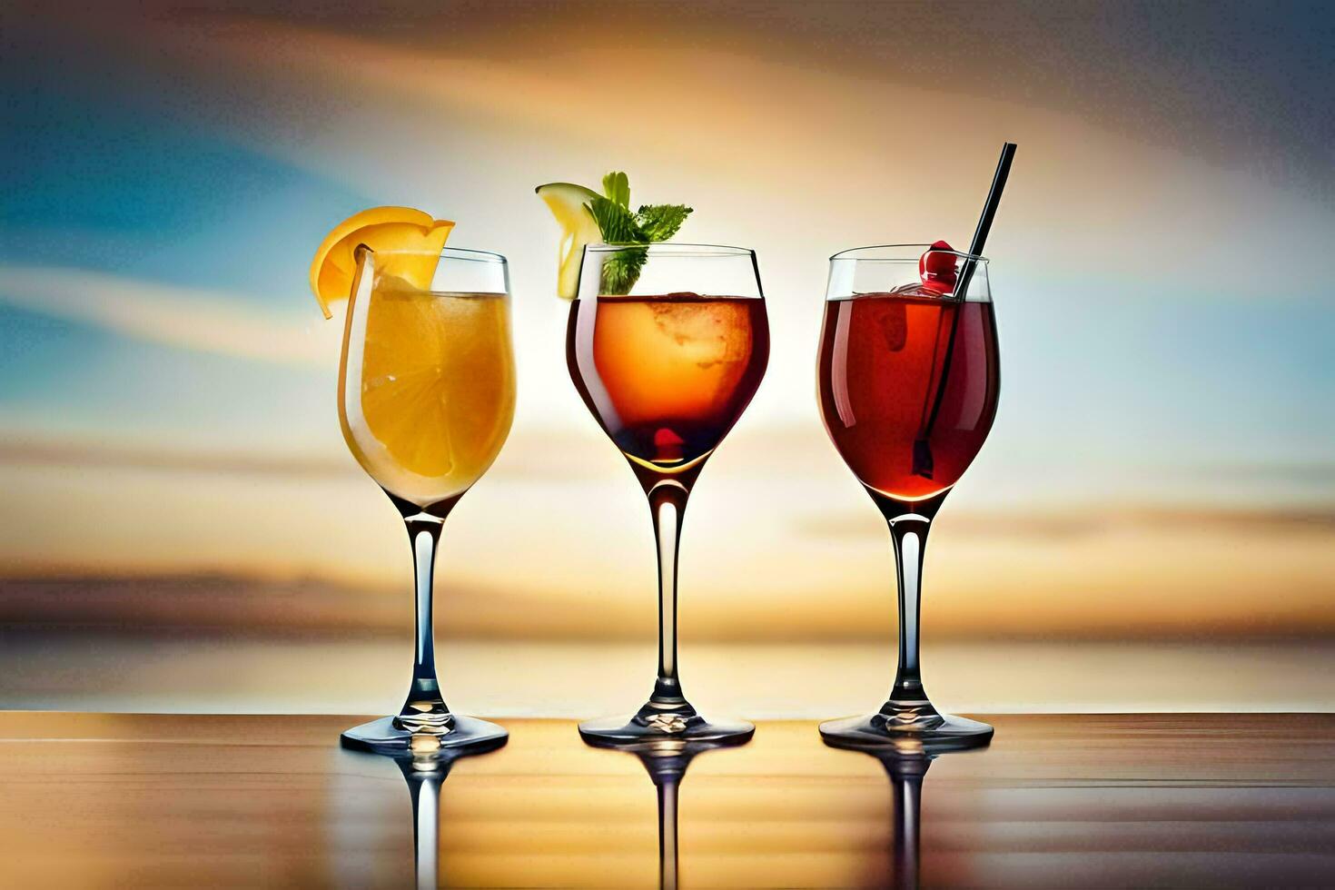 three glasses of different drinks with the sunset in the background. AI-Generated photo