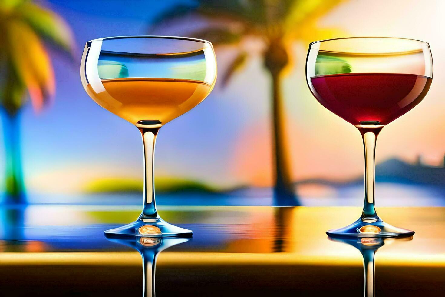 two glasses of wine on a table with palm trees in the background. AI-Generated photo