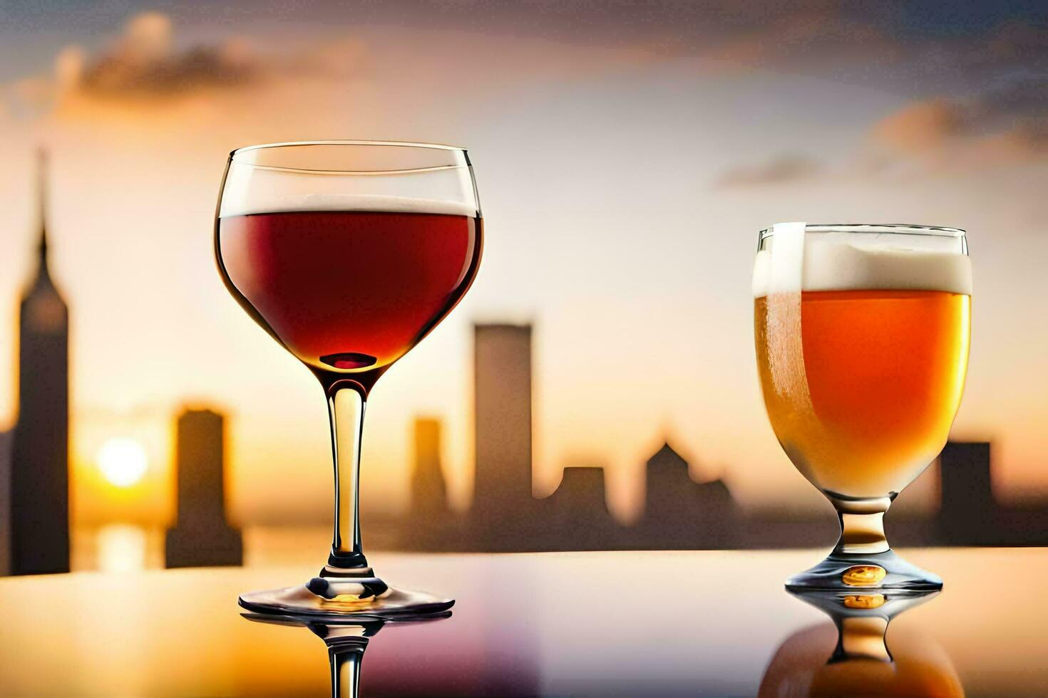 two glasses of beer and wine on a table with a city skyline in the background. AI-Generated photo