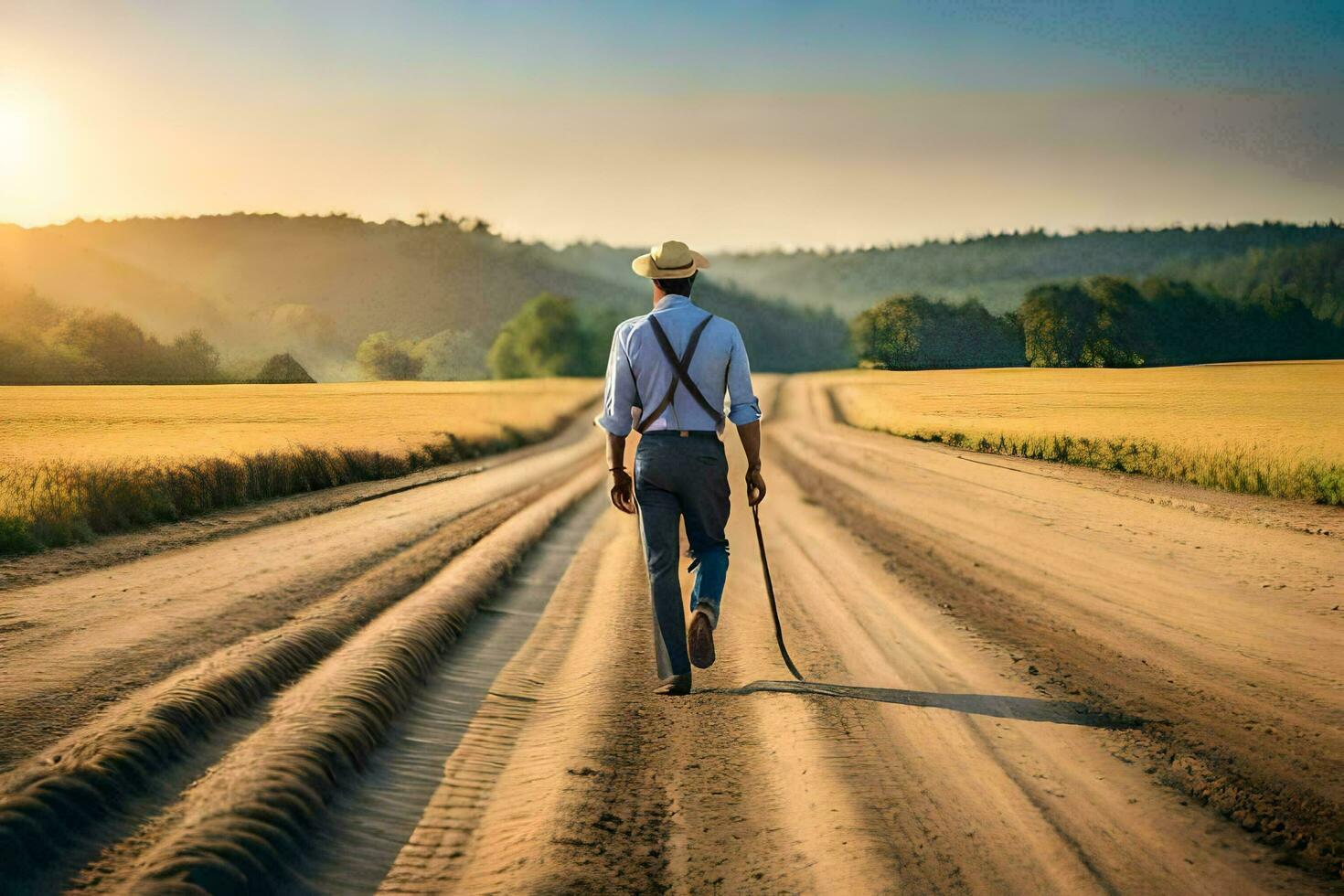 a man walking down a dirt road with a cane. AI-Generated photo