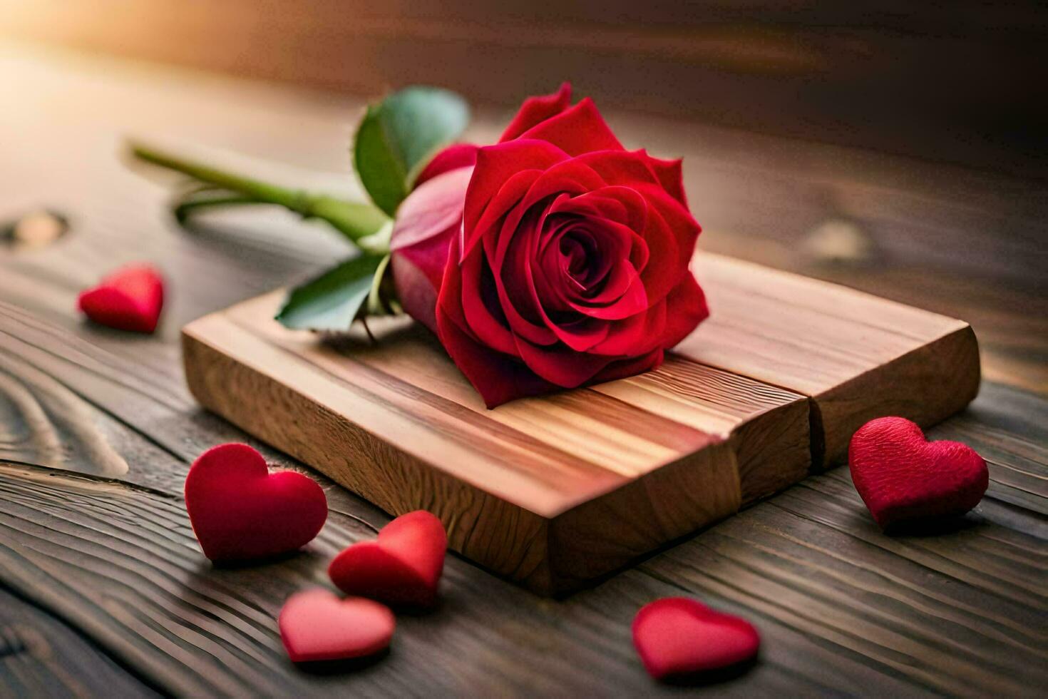 the rose is on a wooden table with hearts scattered around it. AI-Generated photo