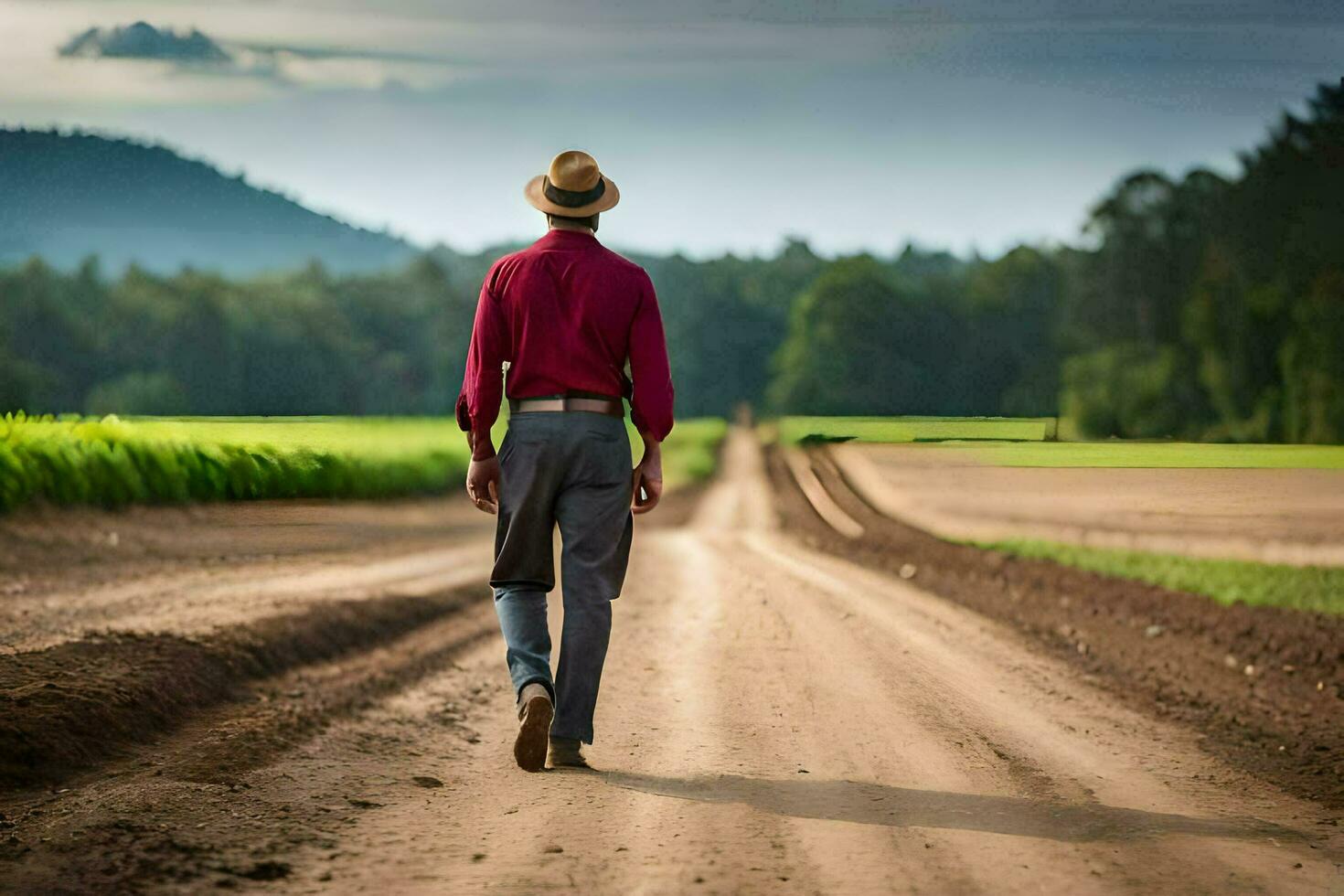 a man in a hat walks down a dirt road. AI-Generated photo