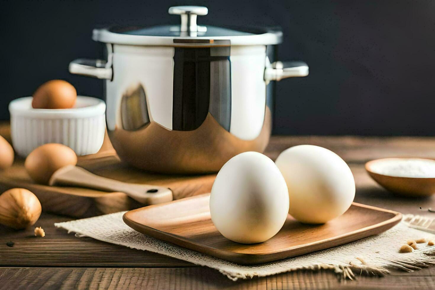 two eggs on a wooden tray next to a pot. AI-Generated photo