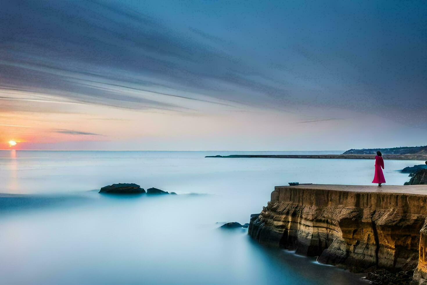 a woman stands on a cliff overlooking the ocean at sunset. AI-Generated photo