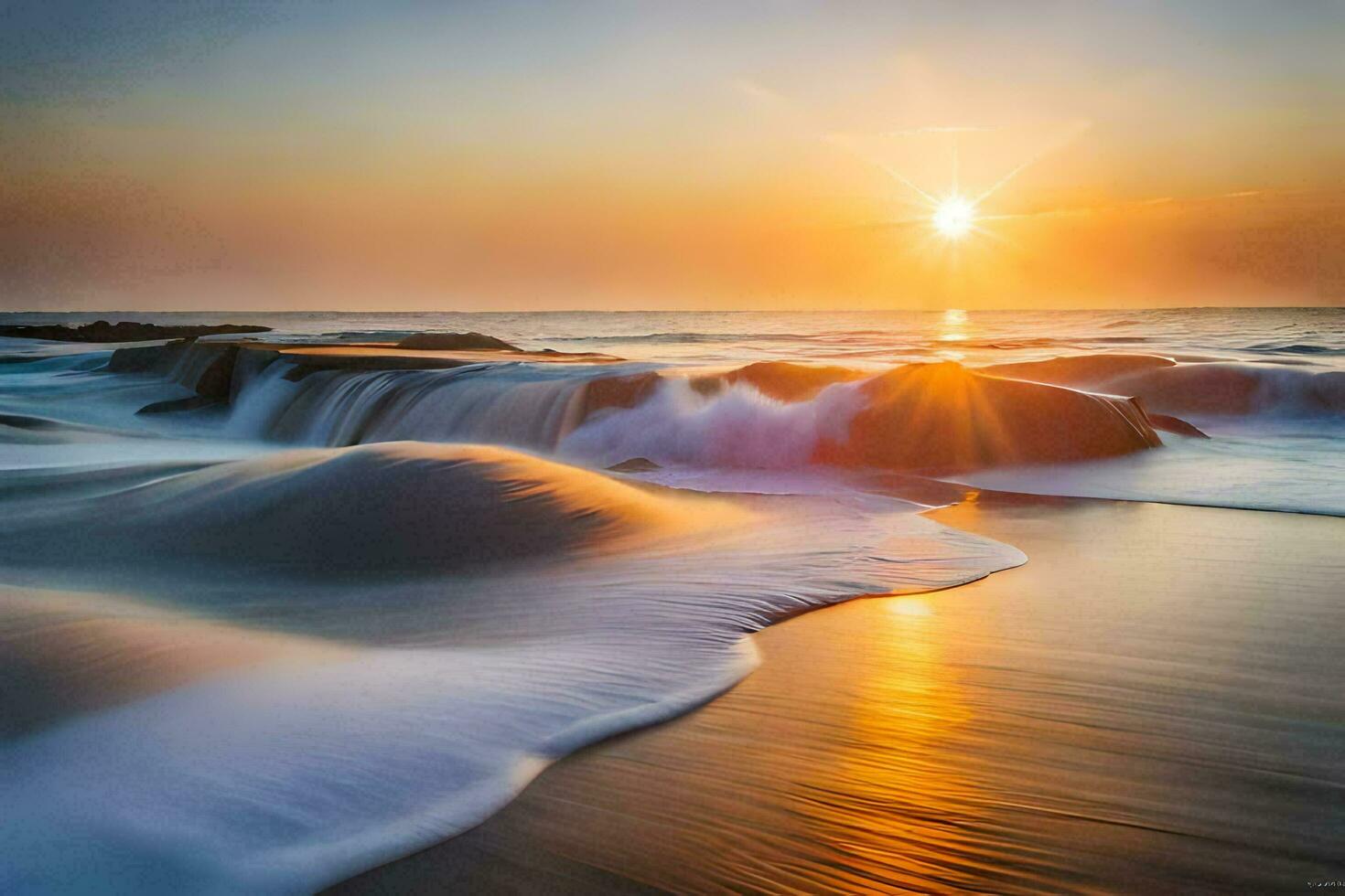 the sun rises over the ocean and waves. AI-Generated photo